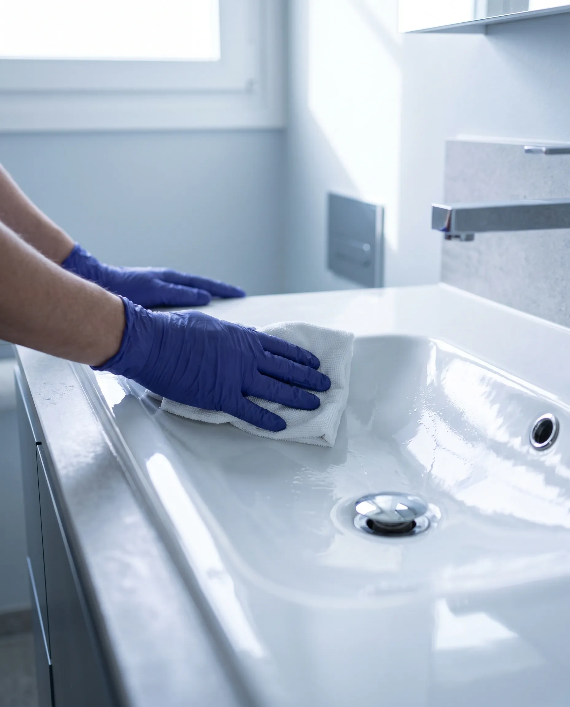 Mains gantées de bleu nettoyant un lavabo blanc