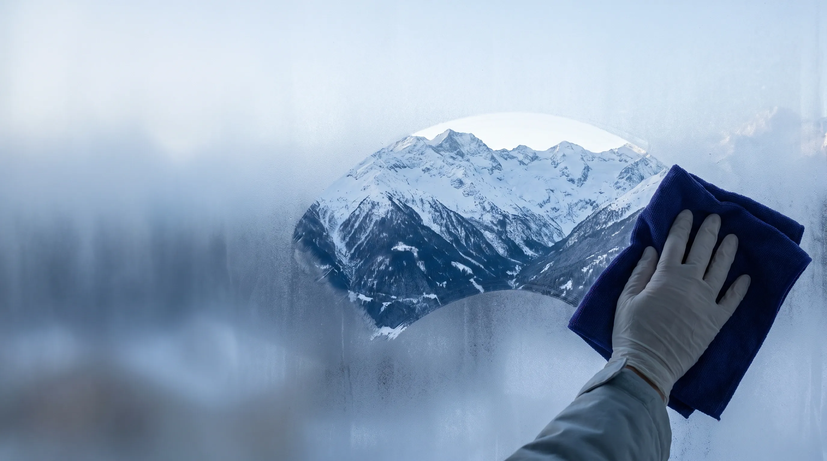 Main gantée essuyant une vitre embuée avec un chiffon bleu, la montagne apparaît